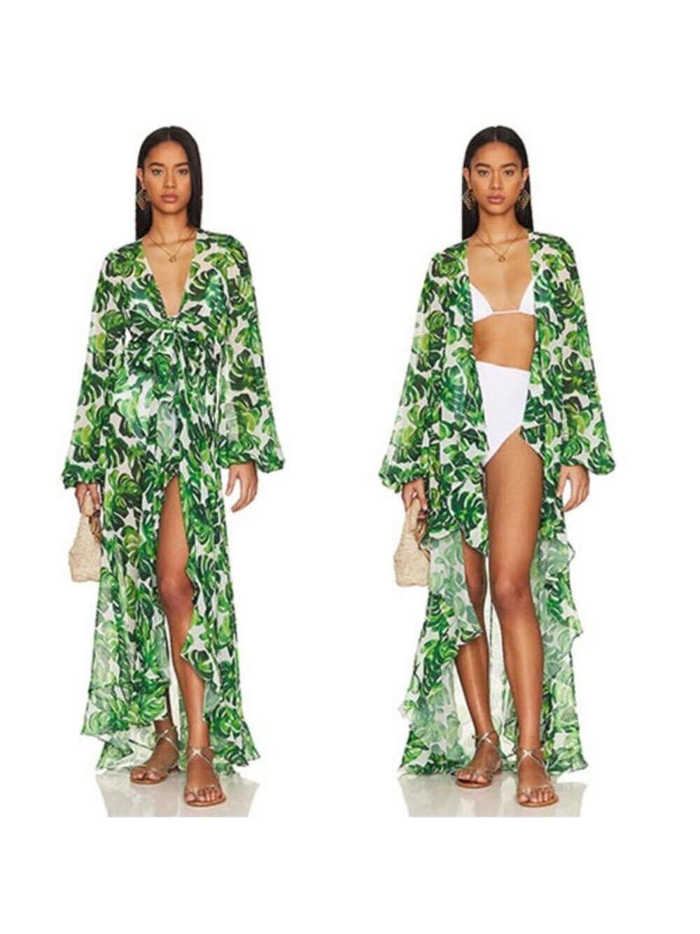 NWT Caroline Constas Charlize Coverup Palm Leaf Print Long Dress Green Size: XXS